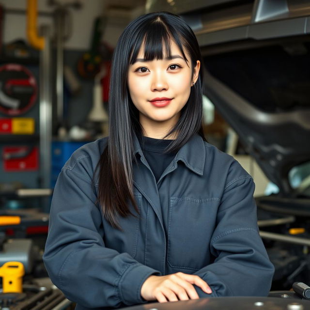 A 27-year-old Korean woman with straight black hair that falls to her shoulders