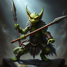 A majestic green-skinned Kobold Fighter in a dynamic battle-ready pose, showcasing a sense of bravery and strength