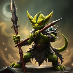 A majestic green-skinned Kobold Fighter in a dynamic battle-ready pose, showcasing a sense of bravery and strength