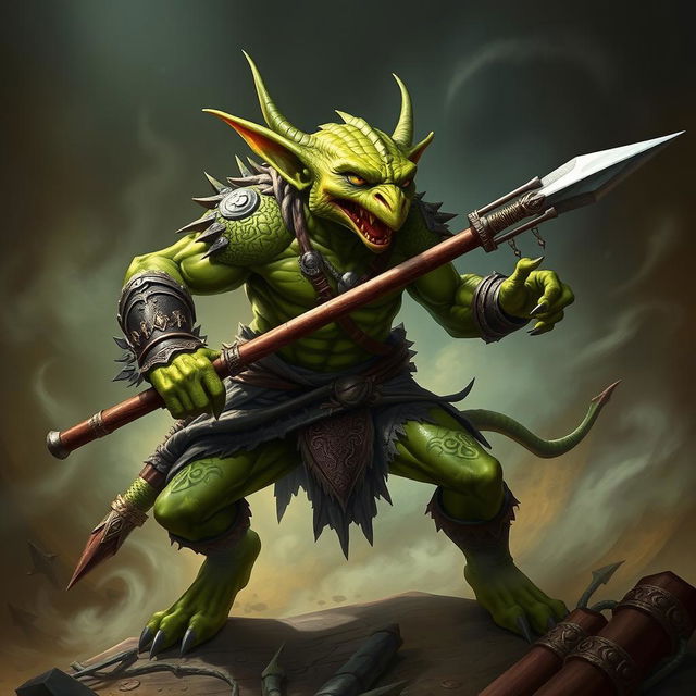 A majestic green-skinned Kobold Fighter in a dynamic battle-ready pose, showcasing a sense of bravery and strength