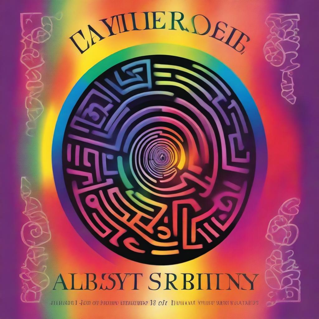 A realistic book cover featuring a detailed labyrinth, bathed in the colors of the rainbow, symbolizing gay pride