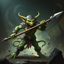A majestic green-skinned Kobold Fighter in a dynamic battle-ready pose, showcasing a sense of bravery and strength