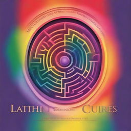 A realistic book cover featuring a detailed labyrinth, bathed in the colors of the rainbow, symbolizing gay pride