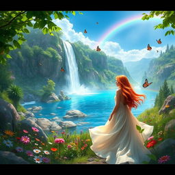 A stunning and vibrant fantasy landscape featuring a majestic waterfall cascading down rocky cliffs into a crystal-clear lake
