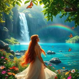 A stunning and vibrant fantasy landscape featuring a majestic waterfall cascading down rocky cliffs into a crystal-clear lake