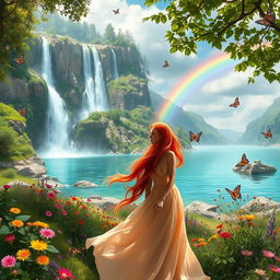 A stunning and vibrant fantasy landscape featuring a majestic waterfall cascading down rocky cliffs into a crystal-clear lake