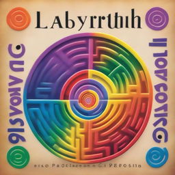 A realistic book cover featuring a detailed labyrinth, bathed in the colors of the rainbow, symbolizing gay pride