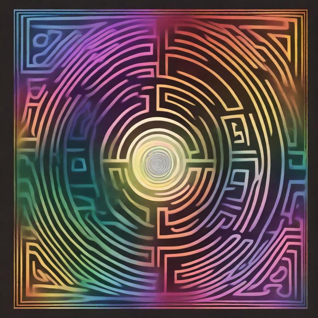 A realistic book cover featuring a detailed labyrinth, bathed in the colors of the rainbow, symbolizing gay pride