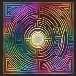 A realistic book cover featuring a detailed labyrinth, bathed in the colors of the rainbow, symbolizing gay pride