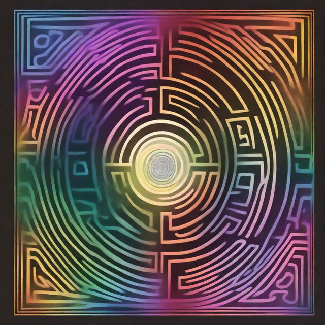 A realistic book cover featuring a detailed labyrinth, bathed in the colors of the rainbow, symbolizing gay pride