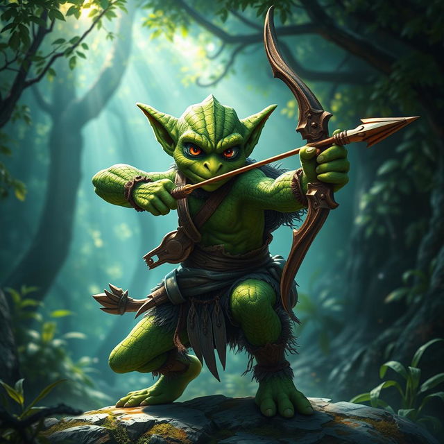 A majestic green-skinned Kobold Fighter in a dynamic battle-ready pose, showcasing agility and focus