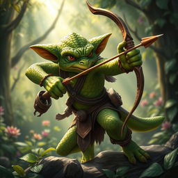 A majestic green-skinned Kobold Fighter in a dynamic battle-ready pose, showcasing agility and focus