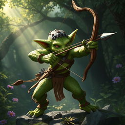 A majestic green-skinned Kobold Fighter in a dynamic battle-ready pose, showcasing agility and focus