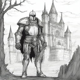 A black and white line drawing of a gothic undead knight standing before a dark castle