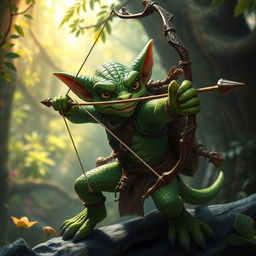 A majestic green-skinned Kobold Fighter in a dynamic battle-ready pose, showcasing agility and focus