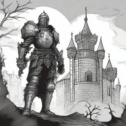 A black and white line drawing of a gothic undead knight standing before a dark castle