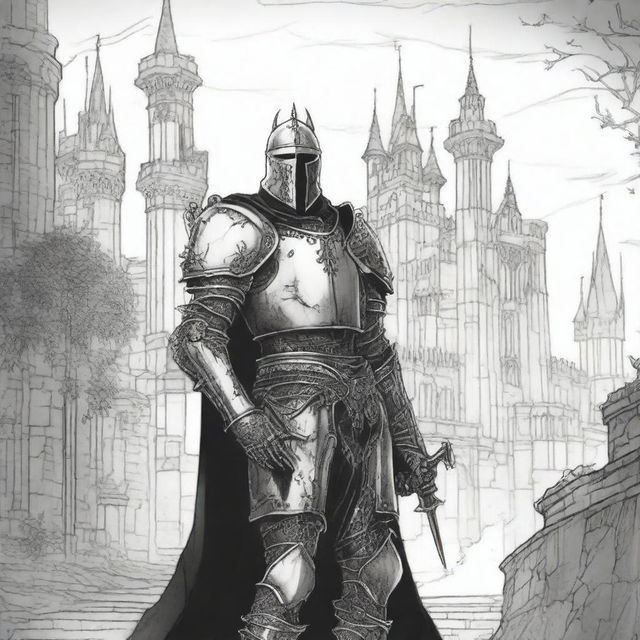 A black and white line drawing of a gothic undead knight standing before a dark castle