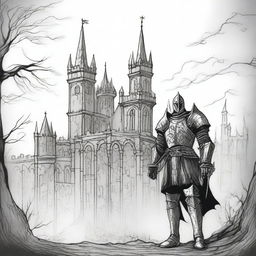 A black and white line drawing of a gothic undead knight standing before a dark castle