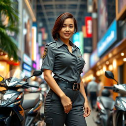 A gorgeous 26-year-old Indonesian woman, with large breasts, wearing a flattering jumpsuit that accentuates her figure