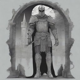 A Celtic style line drawing of a gothic undead knight standing against the backdrop of a dark castle