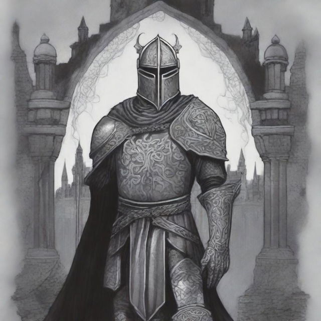 A Celtic style line drawing of a gothic undead knight standing against the backdrop of a dark castle