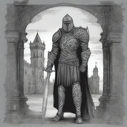 A Celtic style line drawing of a gothic undead knight standing against the backdrop of a dark castle