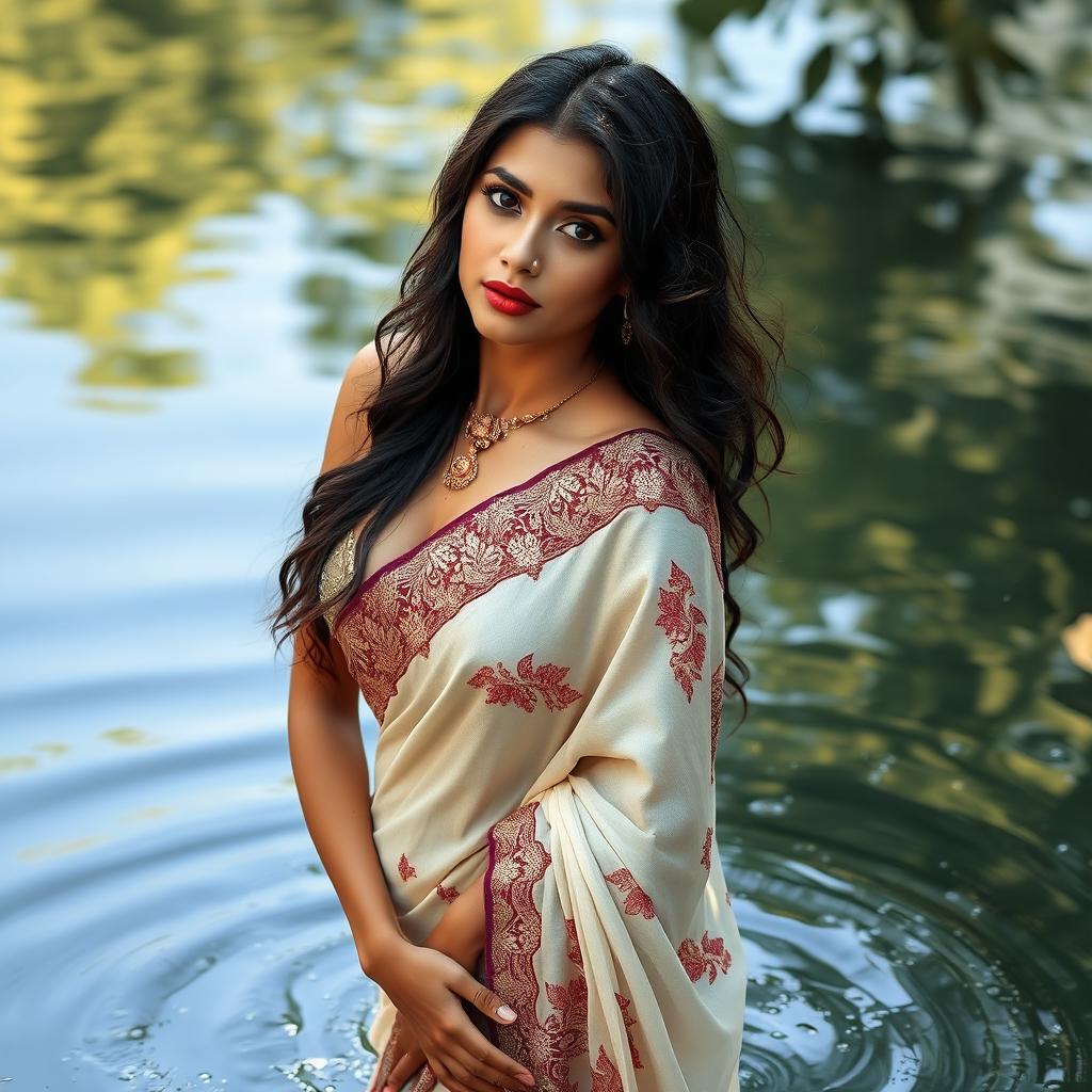 A seductive woman wearing a beautifully embroidered sari, standing gracefully in water, her skin glistening with droplets
