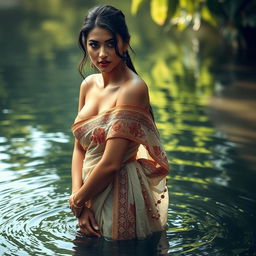 A seductive woman wearing a beautifully embroidered sari, standing gracefully in water, her skin glistening with droplets