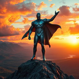 A breathtaking, larger-than-life hero standing triumphantly on a mountain peak, surrounded by a vibrant sky filled with dramatic clouds painted in hues of orange and pink at sunset