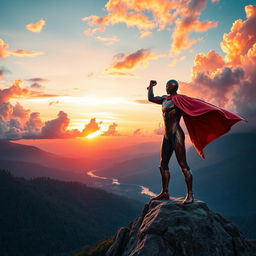 A breathtaking, larger-than-life hero standing triumphantly on a mountain peak, surrounded by a vibrant sky filled with dramatic clouds painted in hues of orange and pink at sunset