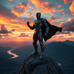 A breathtaking, larger-than-life hero standing triumphantly on a mountain peak, surrounded by a vibrant sky filled with dramatic clouds painted in hues of orange and pink at sunset
