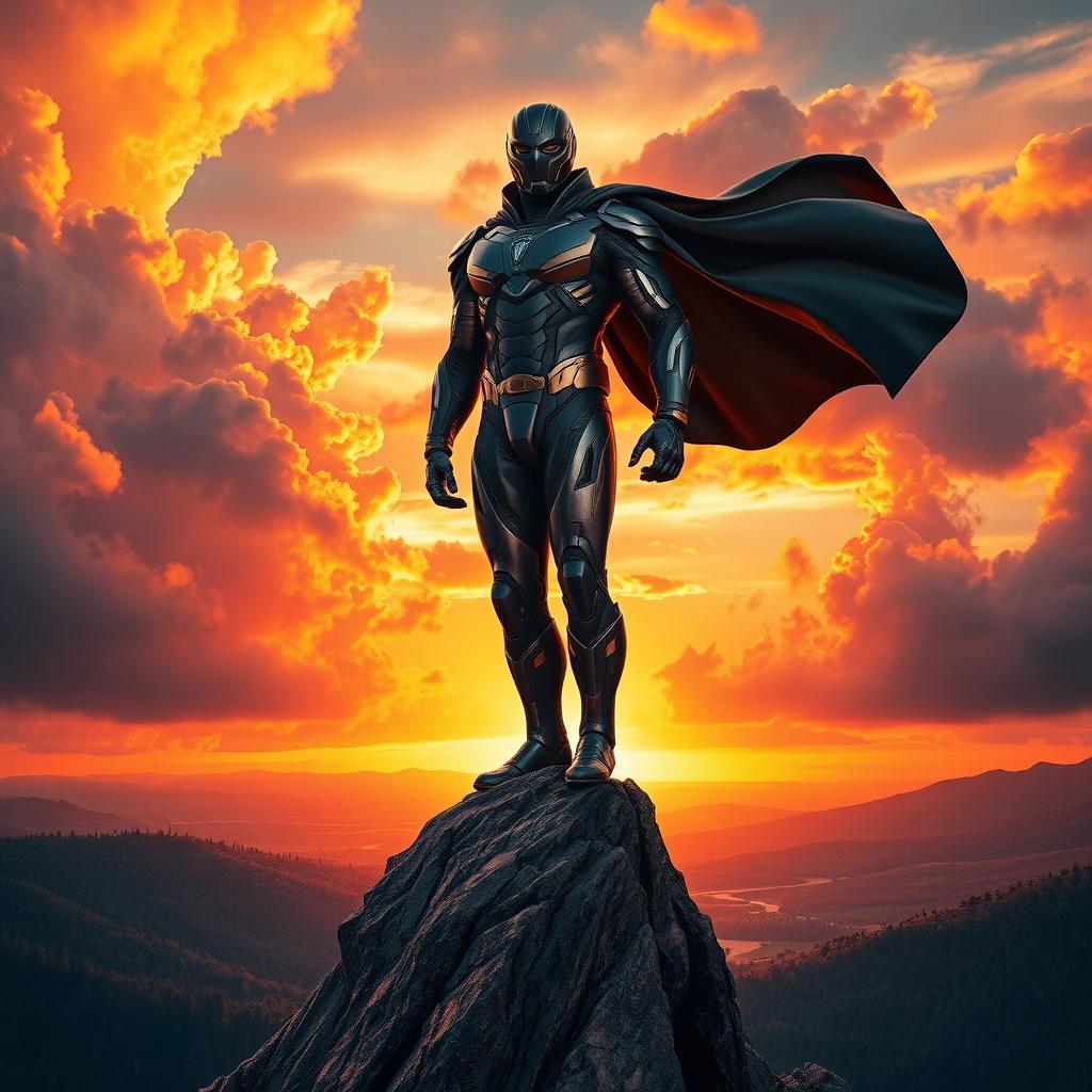 A breathtaking, larger-than-life hero standing triumphantly on a mountain peak, surrounded by a vibrant sky filled with dramatic clouds painted in hues of orange and pink at sunset