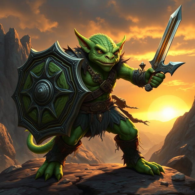 A majestic green-skinned Kobold Fighter in an intense battle-ready pose, showcasing determination and valor