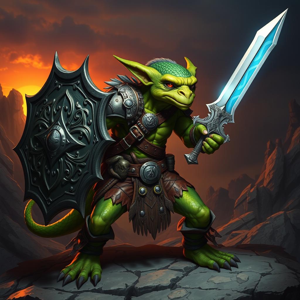 A majestic green-skinned Kobold Fighter in an intense battle-ready pose, showcasing determination and valor