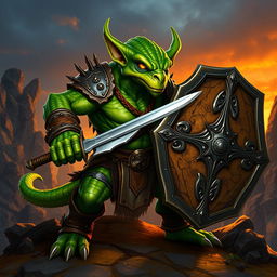 A majestic green-skinned Kobold Fighter in an intense battle-ready pose, showcasing determination and valor