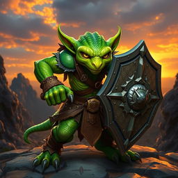 A majestic green-skinned Kobold Fighter in an intense battle-ready pose, showcasing determination and valor