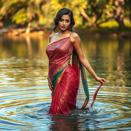 A stunningly sexy woman wearing a beautifully designed sari, standing in a serene body of water