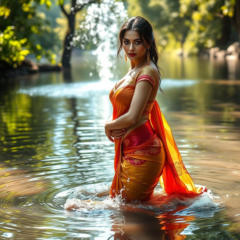 A stunningly sexy woman wearing a beautifully designed sari, standing in a serene body of water