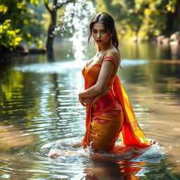 A stunningly sexy woman wearing a beautifully designed sari, standing in a serene body of water