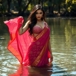 A stunningly sexy woman wearing a beautifully designed sari, standing in a serene body of water