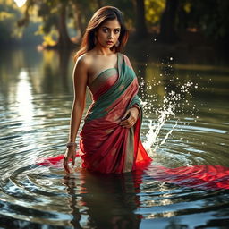 A stunningly sexy woman wearing a beautifully designed sari, standing in a serene body of water