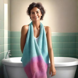 An image of highest quality showcasing a woman in a bathroom, gently using a vibrant color towel