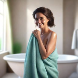 An image of highest quality showcasing a woman in a bathroom, gently using a vibrant color towel