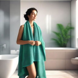 An image of highest quality showcasing a woman in a bathroom, gently using a vibrant color towel