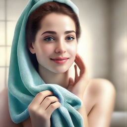 A high quality digital art image presenting a young woman in a bathroom, gently applying a colorful facial towel