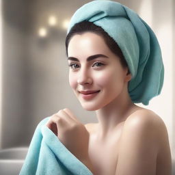 A high quality digital art image presenting a young woman in a bathroom, gently applying a colorful facial towel