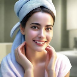 A high quality digital art image presenting a young woman in a bathroom, gently applying a colorful facial towel