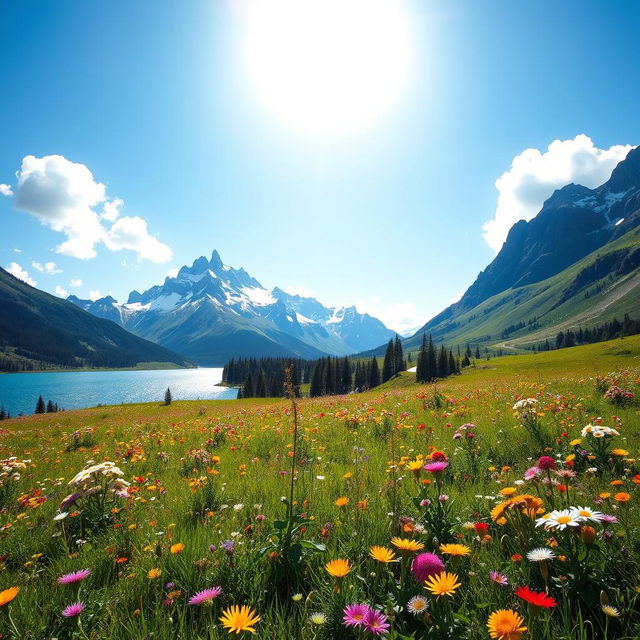 A vibrant, picturesque landscape featuring a lush green meadow adorned with colorful wildflowers under a bright blue sky