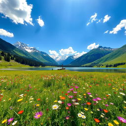 A vibrant, picturesque landscape featuring a lush green meadow adorned with colorful wildflowers under a bright blue sky