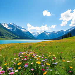 A vibrant, picturesque landscape featuring a lush green meadow adorned with colorful wildflowers under a bright blue sky